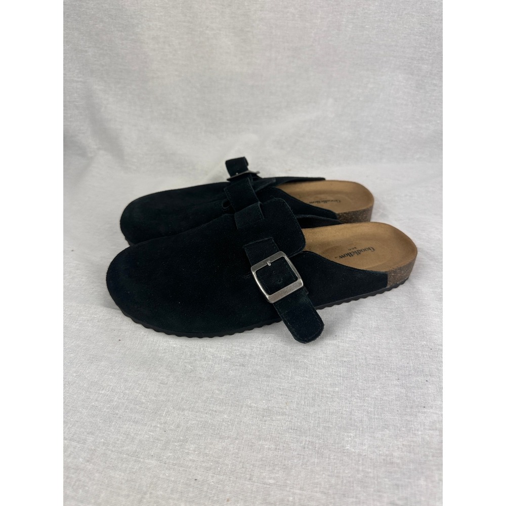 Goodfellow & Co Mens Black Suede Buckle Clogs Mules Size 8 Cork Footbed Slip On